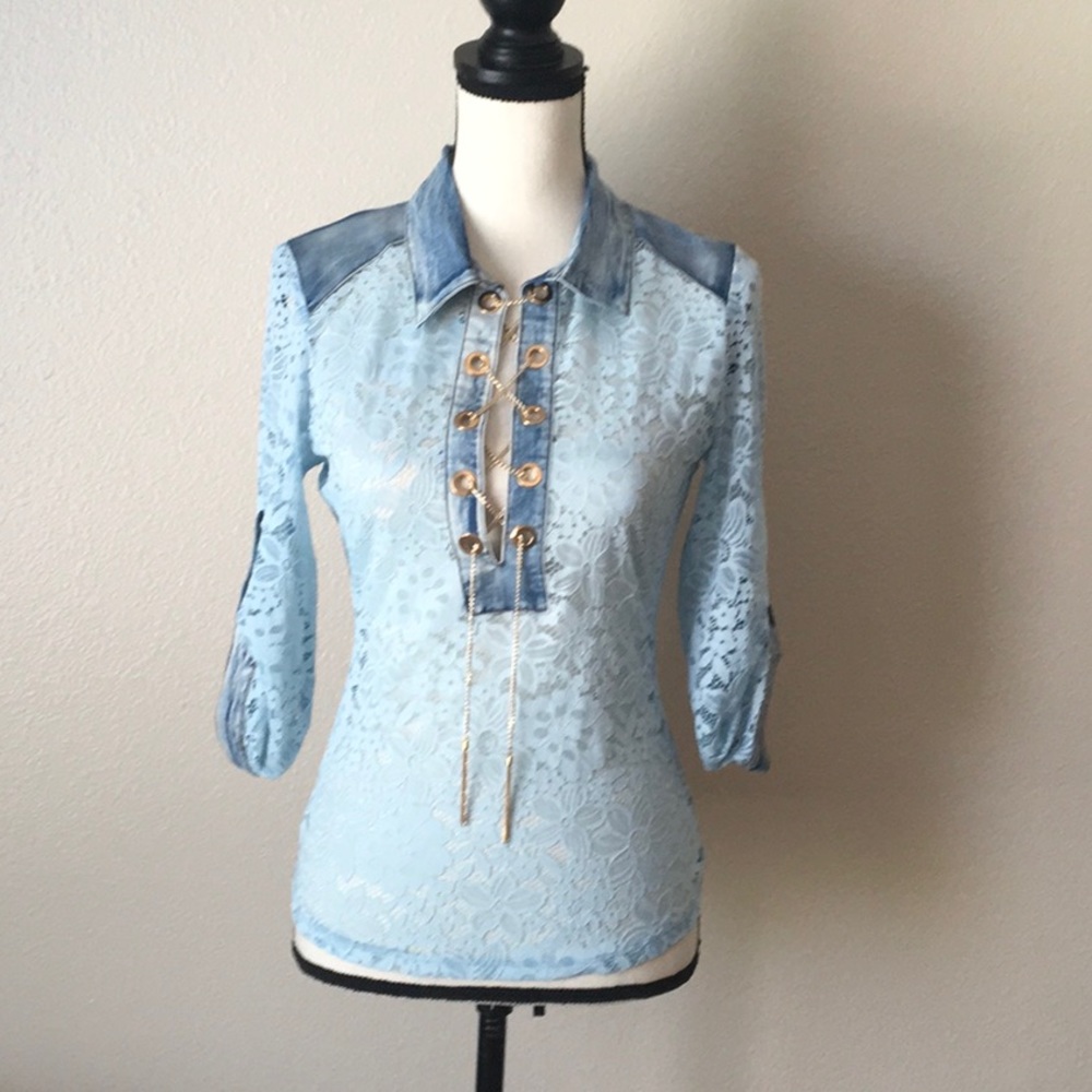 Final Sale New Lace / Denim Top By Adeline